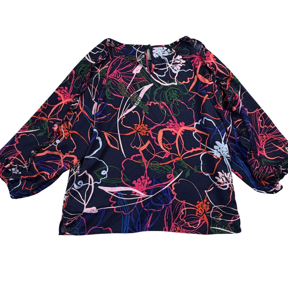 NWT Zac & Rachel‎ Maritime Blue Floral Ruffle Sleeve Blouse Medium